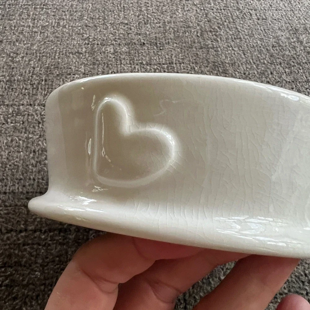 Debby Carman Good Dog Ceramic Bowl White Heart Embossed Pet Dish Crackle Glaze